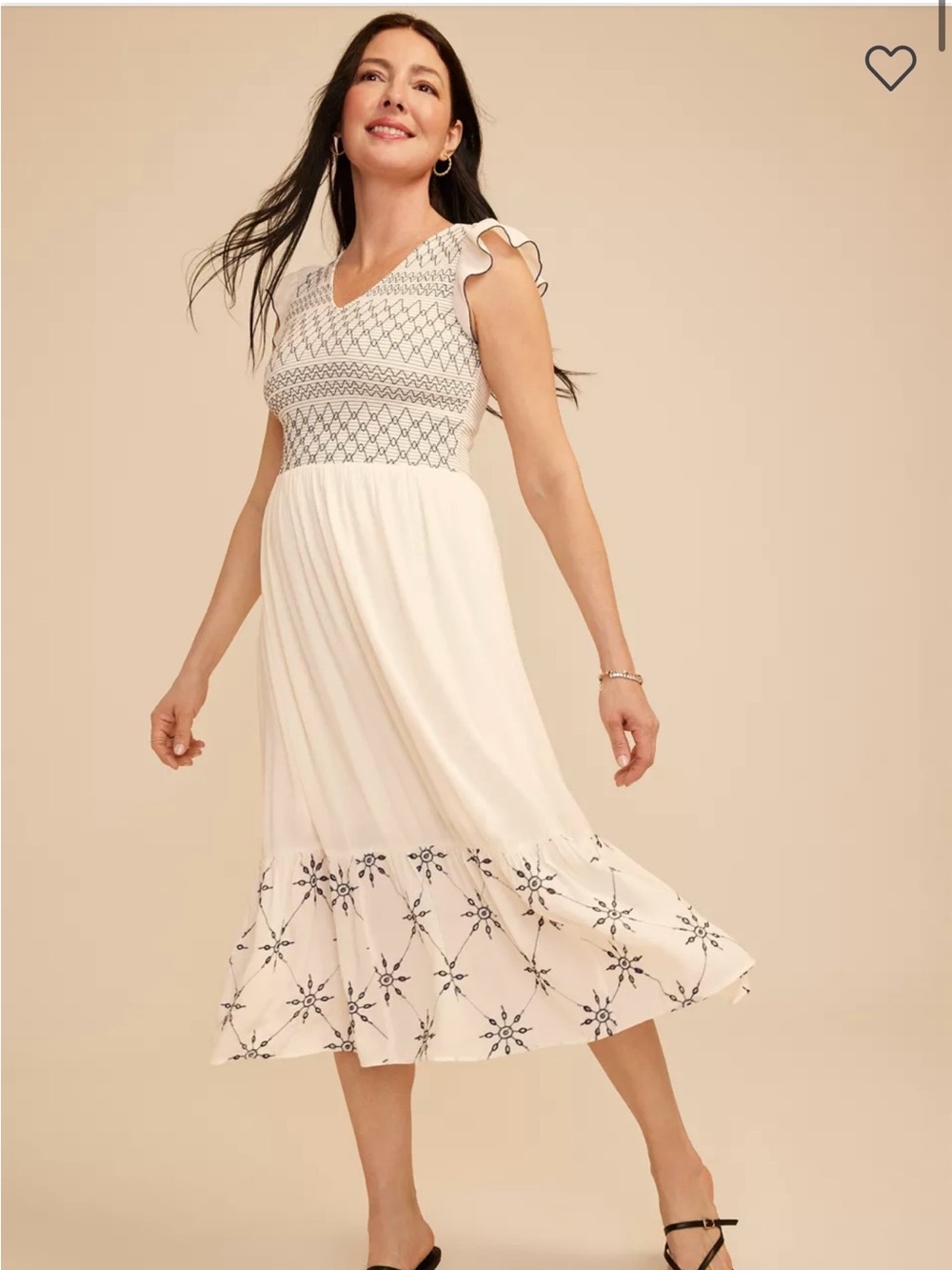 Maurices Cream Midi Dress with Navy Geometric Embroidery